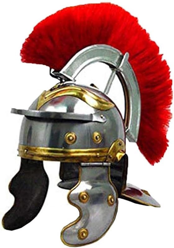 Men’s Roman Centurion Helmet with Red Plume Metallic Silver Armor Repl