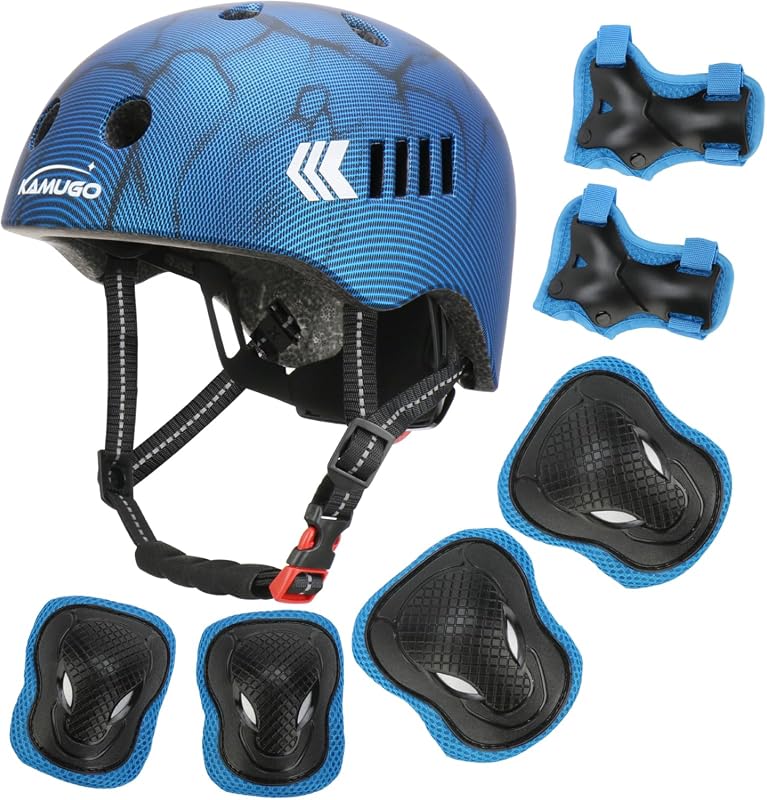 KAMUGO Kids Bike Helmet Set with Adjustable Protective Knee, Elbow, an
