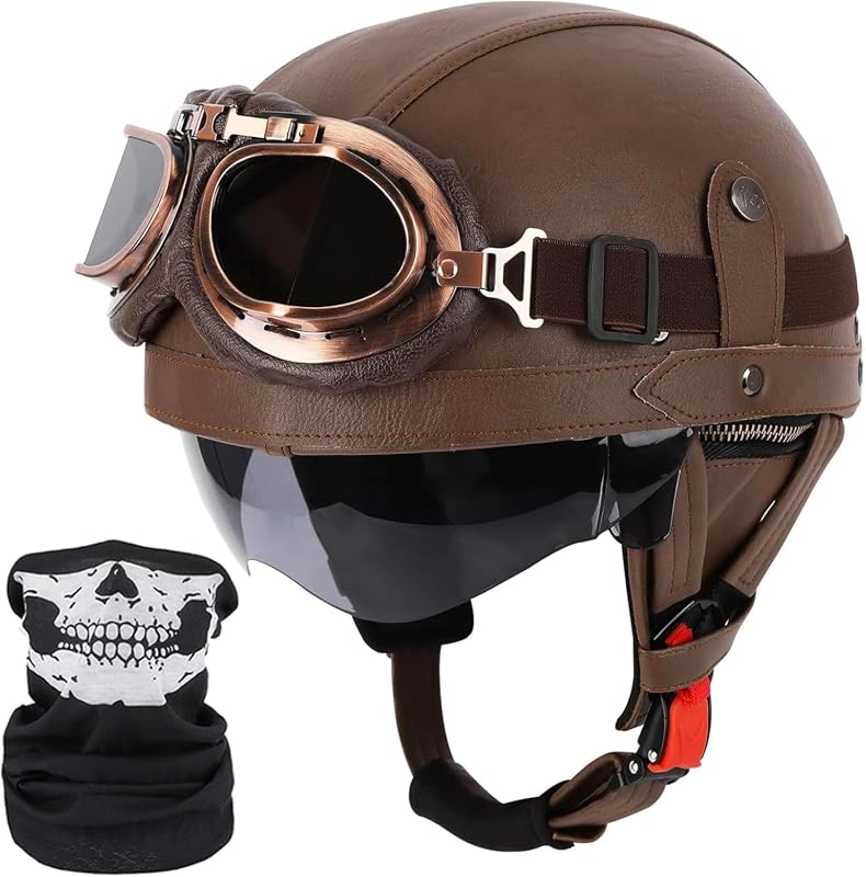 Retro German Style Motorcycle Half Helmet with Goggles DOT Approved Le
