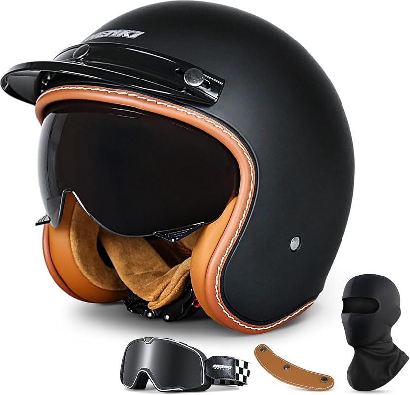 Vintage 3/4 Open Face Motorcycle Helmet DOT Approved Retro Style for M