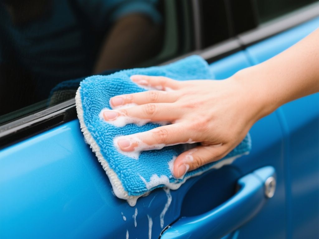 close-up of hand washing a blue car with a microfiber mitt