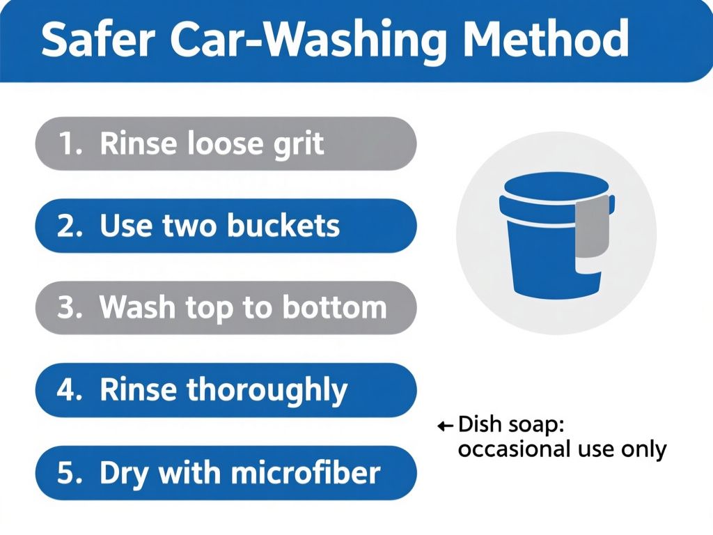 clean instructional infographic titled “Safer Car-Washing Method,” showing five numbered steps with exact labels: “1. Rinse loose grit,” “2. Use two buckets,” “3. Wash top to bottom,” “4. Rinse thoroughly,” “5. Dry with microfiber”; include a small callout reading “Dish soap: occasional use only,” white background, blue and gray automotive color palette, clear sans-serif text