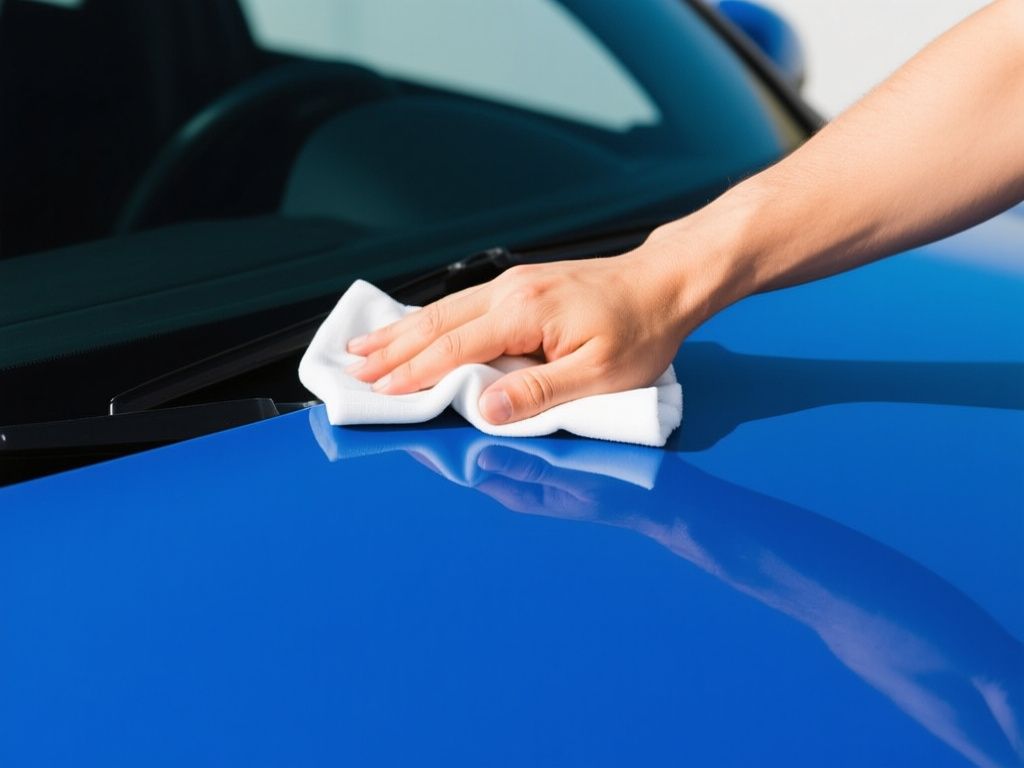 close-up of a hand wiping a glossy blue car hood beside windshield