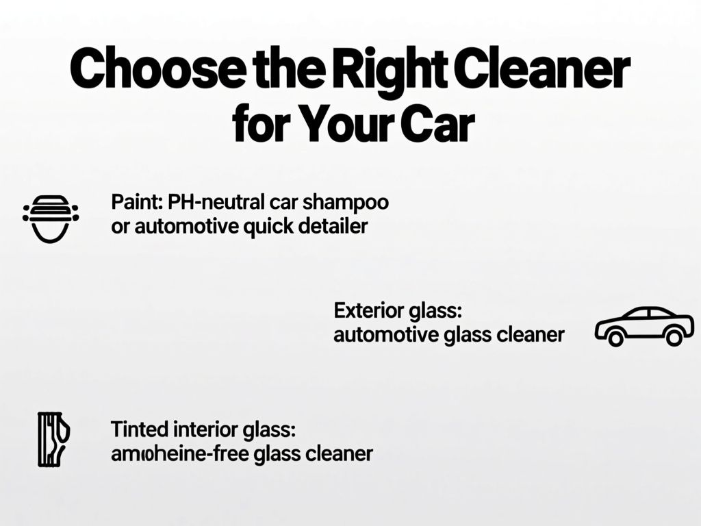 clean instructional infographic titled “Choose the Right Cleaner for Your Car,” with three labeled paths: “Paint: pH-neutral car shampoo or automotive quick detailer,” “Exterior glass: automotive glass cleaner,” and “Tinted interior glass: ammonia-free glass cleaner,” using simple car-surface icons and clear black text on a white background