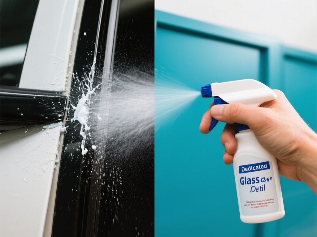 split scene showing glass cleaner overspray near trim and dedicated car detail spray on painted panel