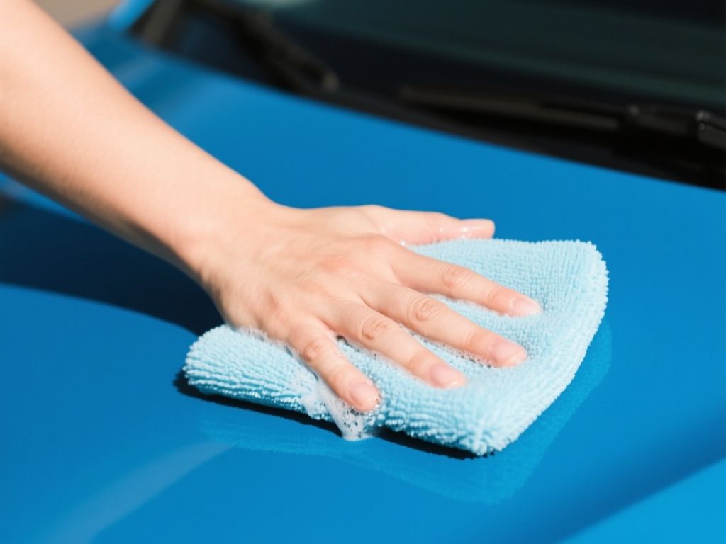 close-up of a hand washing a blue car with a soft microfiber mitt