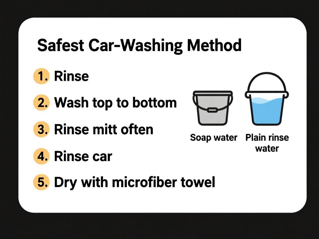 clean instructional infographic titled “Safest Car-Washing Method,” showing five numbered steps with exact labels: “1. Rinse,” “2. Wash top to bottom,” “3. Rinse mitt often,” “4. Rinse car,” “5. Dry with microfiber towel”; include a two-bucket diagram labeled “Soap water” and “Plain rinse water,” white background, clear sans-serif text