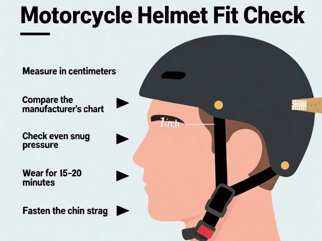 clean instructional infographic titled “Motorcycle Helmet Fit Check,” showing a side-view head with tape positioned 1 inch above the eyebrows and above the ears, labeled steps “Measure in centimeters,” “Compare the manufacturer’s chart,” “Check even snug pressure,” “Wear for 15–20 minutes,” and “Fasten the chin strap,” with clear arrows and large readable sans-serif text