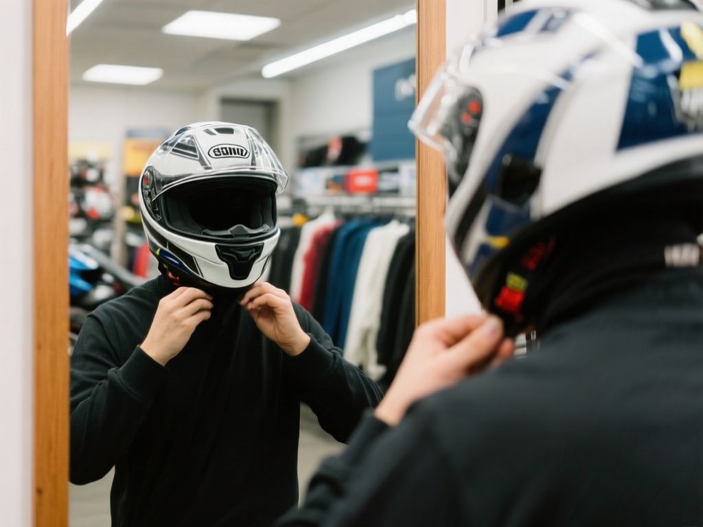 rider trying on a full-face helmet while checking fit in a shop mirror