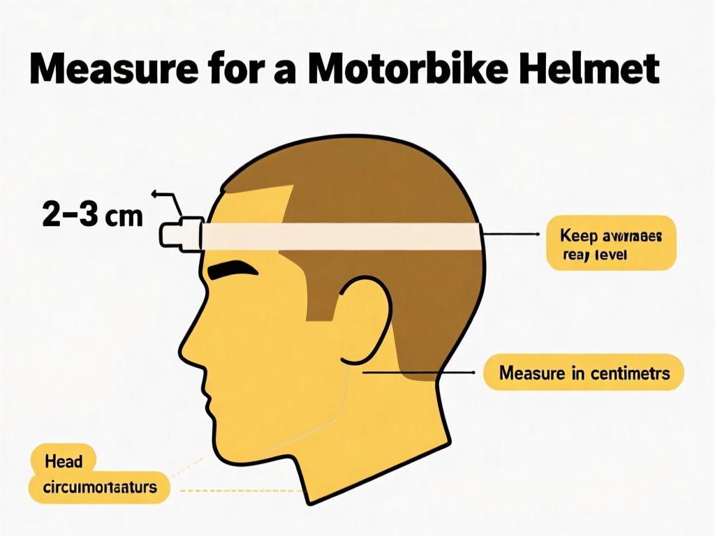 clean instructional infographic titled “Measure for a Motorbike Helmet,” showing a front-and-side head diagram with a soft tape passing 2–3 cm above the eyebrows, above the ears, and around the widest rear point; include clear labels “Head circumference,” “Keep tape level,” and “Measure in centimetres,” with a white background and bold, readable sans-serif text