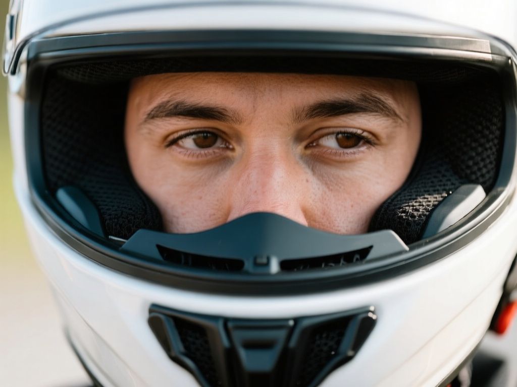 Close-up of helmet cheek pads pressing evenly against rider’s face