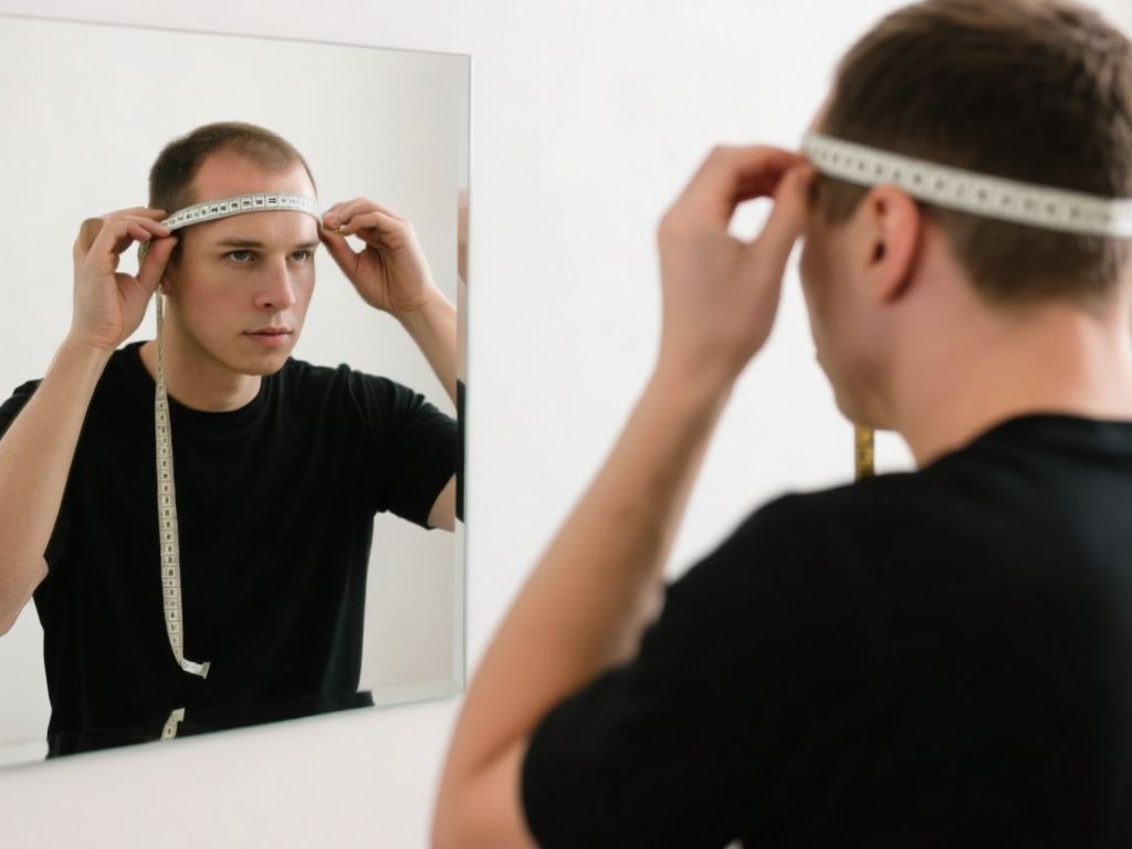 rider measuring head circumference with a flexible tape measure in front of a mirror