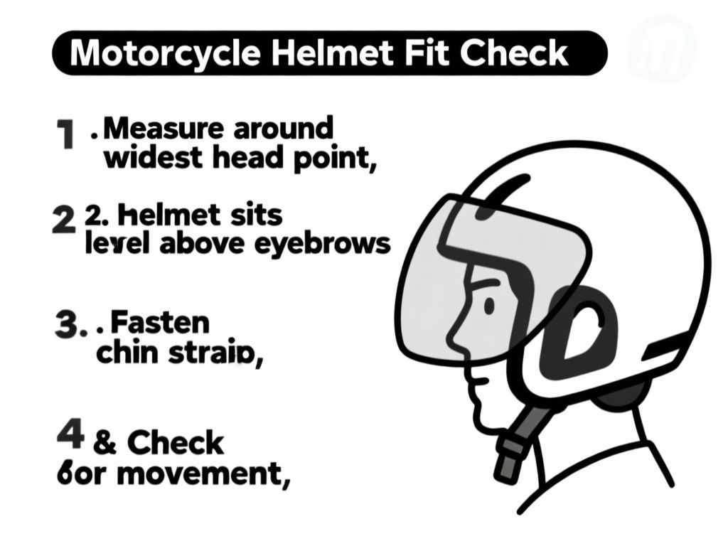 clean instructional infographic titled “Motorcycle Helmet Fit Check,” showing four labeled steps with simple illustrations: “1. Measure around widest head point,” “2. Helmet sits level above eyebrows,” “3. Fasten chin strap,” and “4. Check for movement”; include a side-view helmet illustration and clear black text on a white background