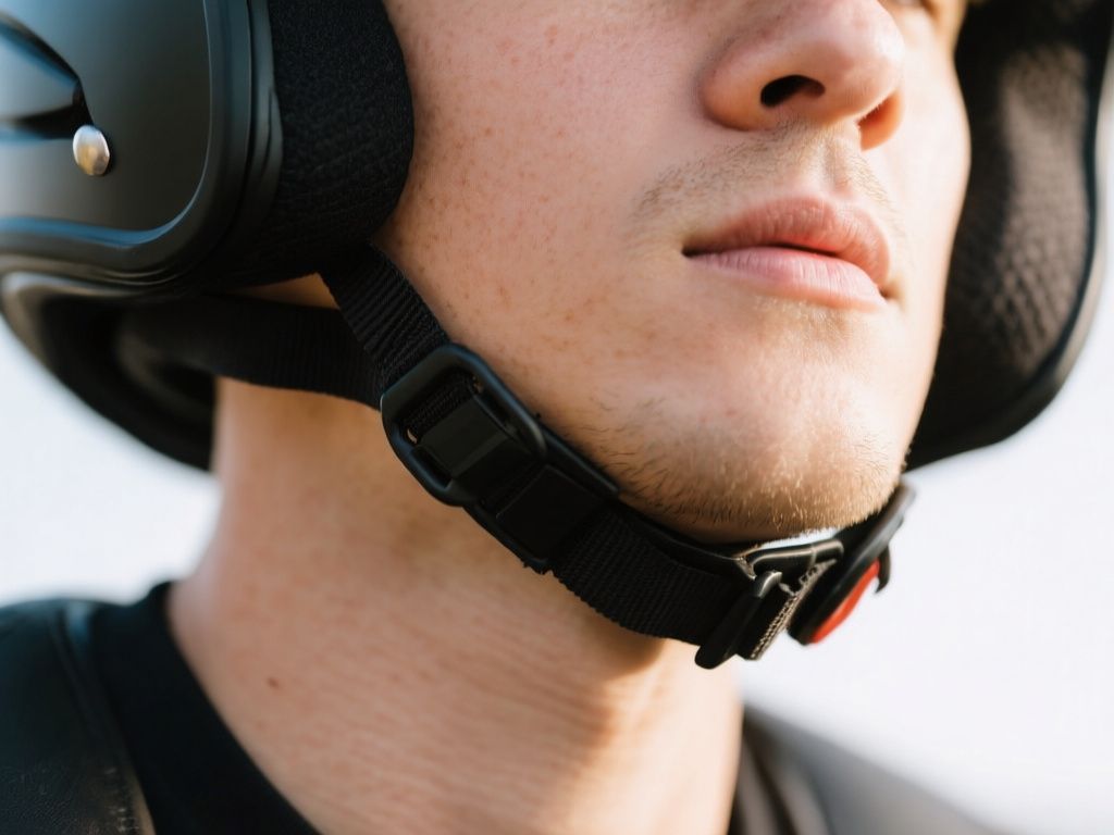 close-up of properly fastened motorcycle helmet chin strap beneath rider’s jaw