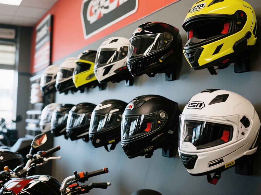 motorcycle dealership wall displaying full-face and modular helmets