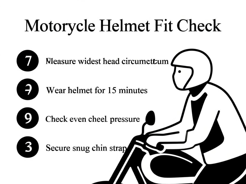 clean instructional infographic titled “Motorcycle Helmet Fit Check,” showing four labeled steps: “Measure widest head circumference,” “Wear helmet for 15 minutes,” “Check even cheek pressure,” and “Secure snug chin strap”; include a simple side-profile rider illustration and clear black sans-serif text on a white background