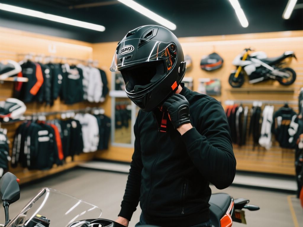 rider trying on a motorcycle helmet in a well-lit gear store fitting area