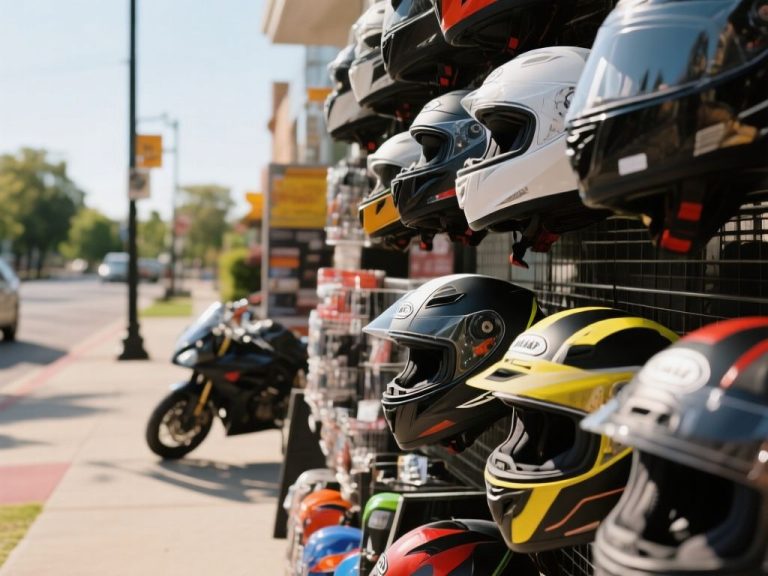 editorial hero image representing: where to buy motorcycle helmets near me, wide shot, natural lighting, high detail