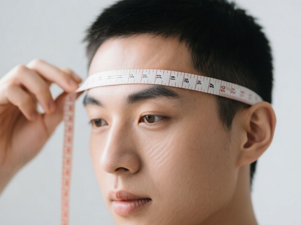 person measuring head circumference above eyebrows with a soft tape measure