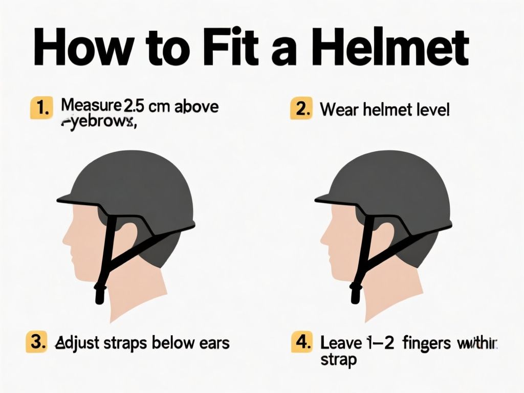 clean instructional infographic titled “How to Fit a Helmet,” showing four labeled steps with accurate text: “1. Measure 2.5 cm above eyebrows,” “2. Wear helmet level,” “3. Adjust straps below ears,” and “4. Leave 1–2 fingers under chin strap”; simple side-profile illustrations, white background, bold readable sans-serif labels