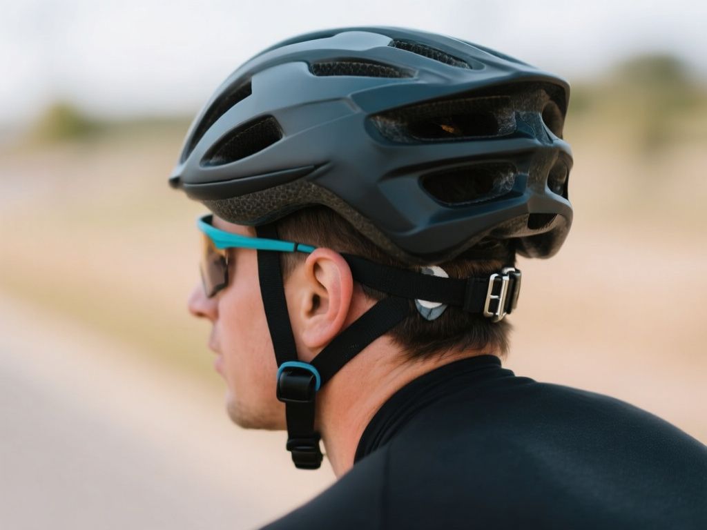 cyclist wearing a correctly positioned helmet with level straps and visible buckle
