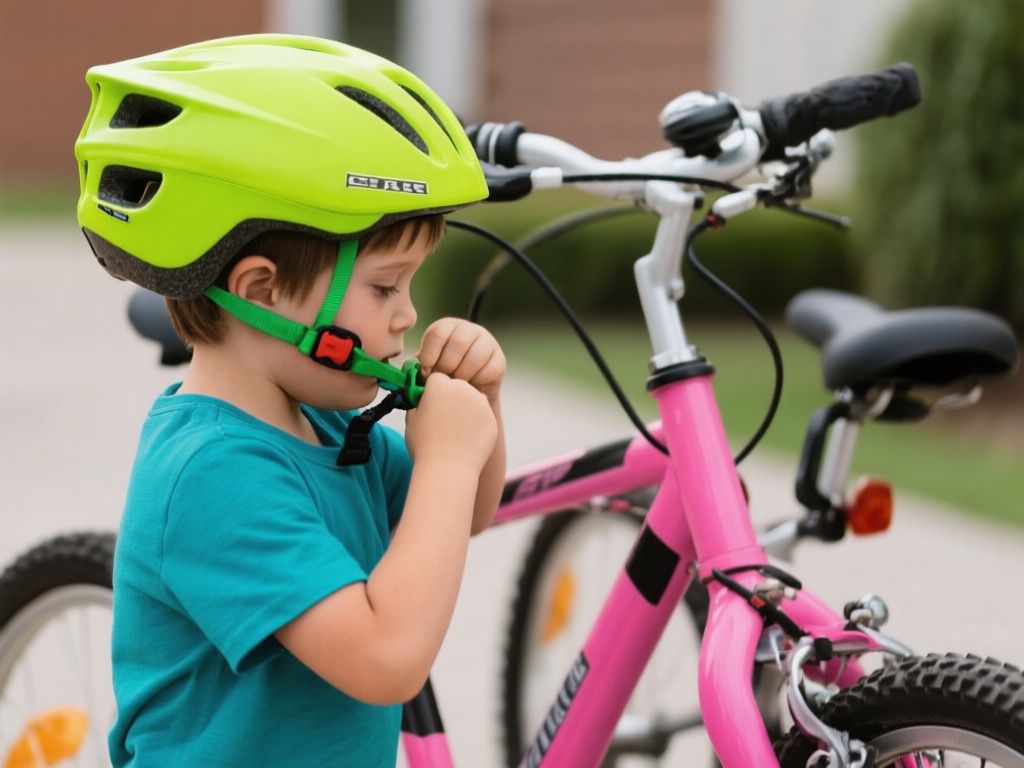 child fastening a bright bicycle helmet beside a parked bicycle