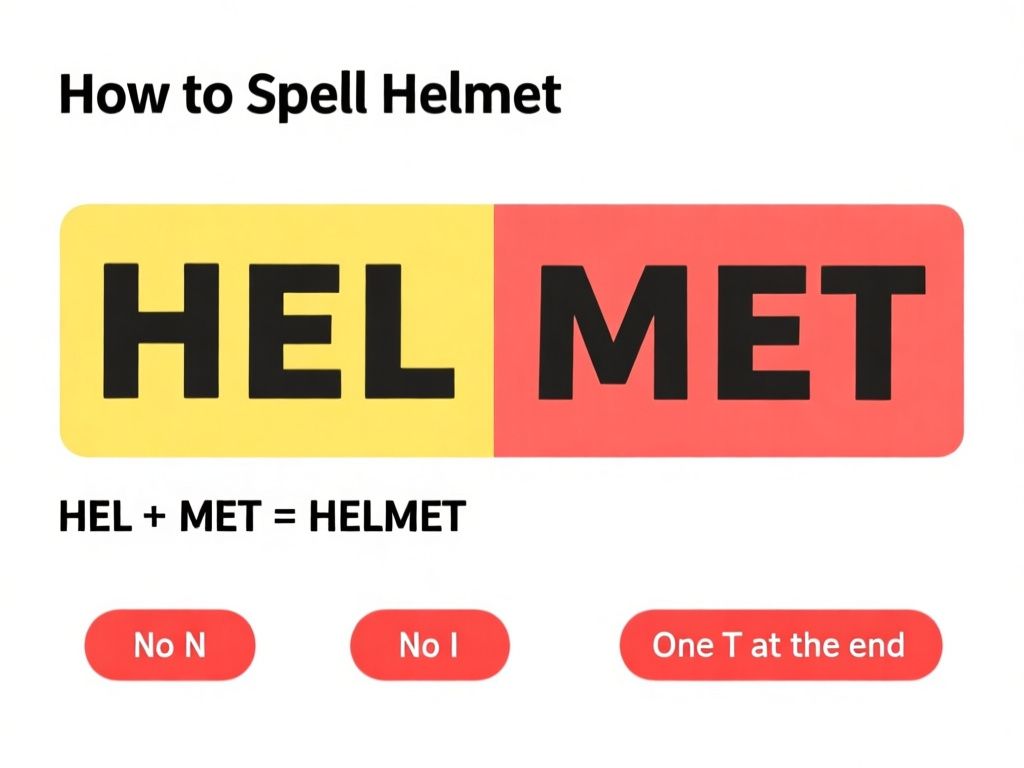 clean educational infographic titled “How to Spell Helmet,” showing the word “HELMET” in large letters split into two highlighted blocks, “HEL” and “MET,” with the phrase “HEL + MET = HELMET” underneath, and three small red correction labels reading “No N,” “No I,” and “One T at the end,” white background, clear sans-serif text