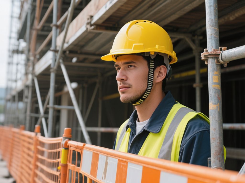 construction worker wearing a yellow hard hat beside scaffolding and safety barriers
