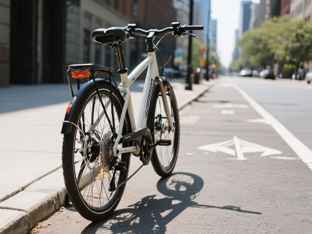 commuter e-bike with visible rear hub motor parked beside a city bike lane