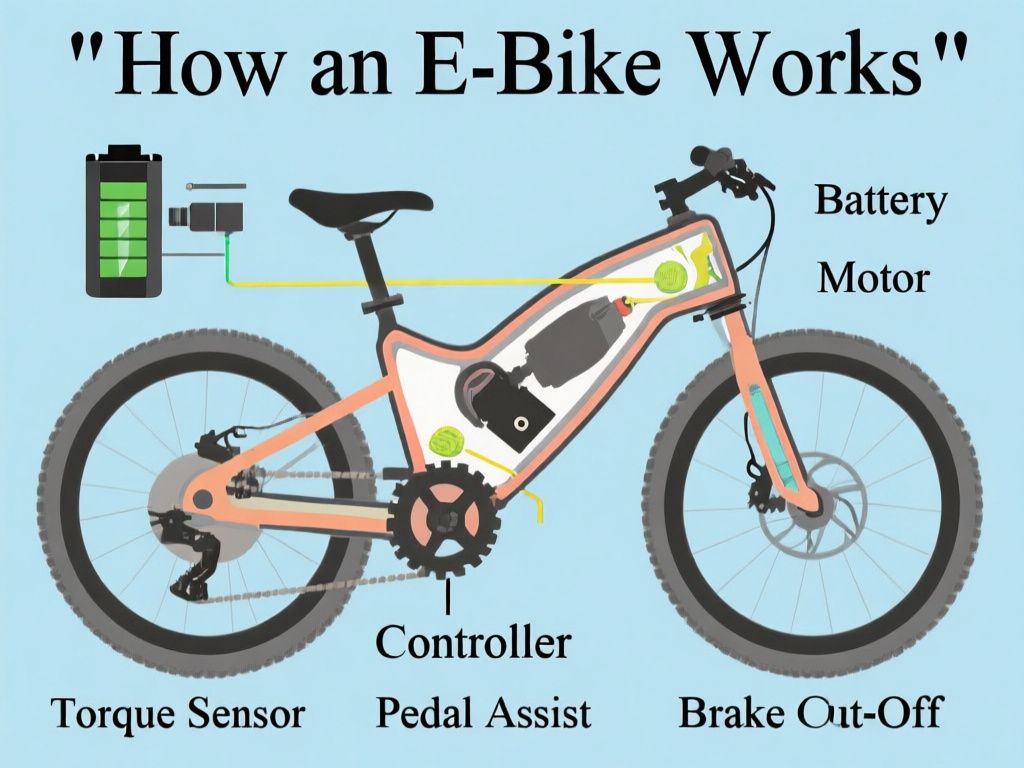 clean labeled cutaway infographic titled “How an E-Bike Works,” showing a battery feeding a controller, the controller sending power to a mid-drive motor, pedal and torque sensors sending signals to the controller, and brake cut-off switches interrupting motor power; include labels “Battery,” “Controller,” “Motor,” “Torque Sensor,” “Pedal Assist,” and “Brake Cut-Off” in large, accurate sans-serif text