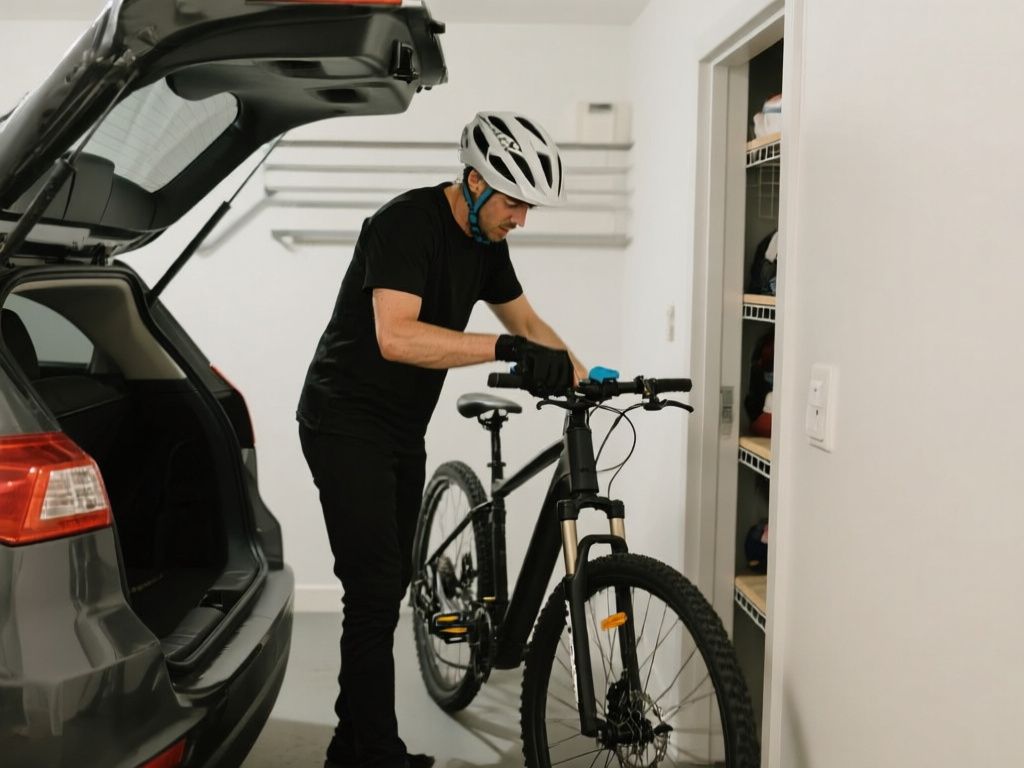 rider loading a helmeted cyclist’s e-bike into a car-free apartment storage room