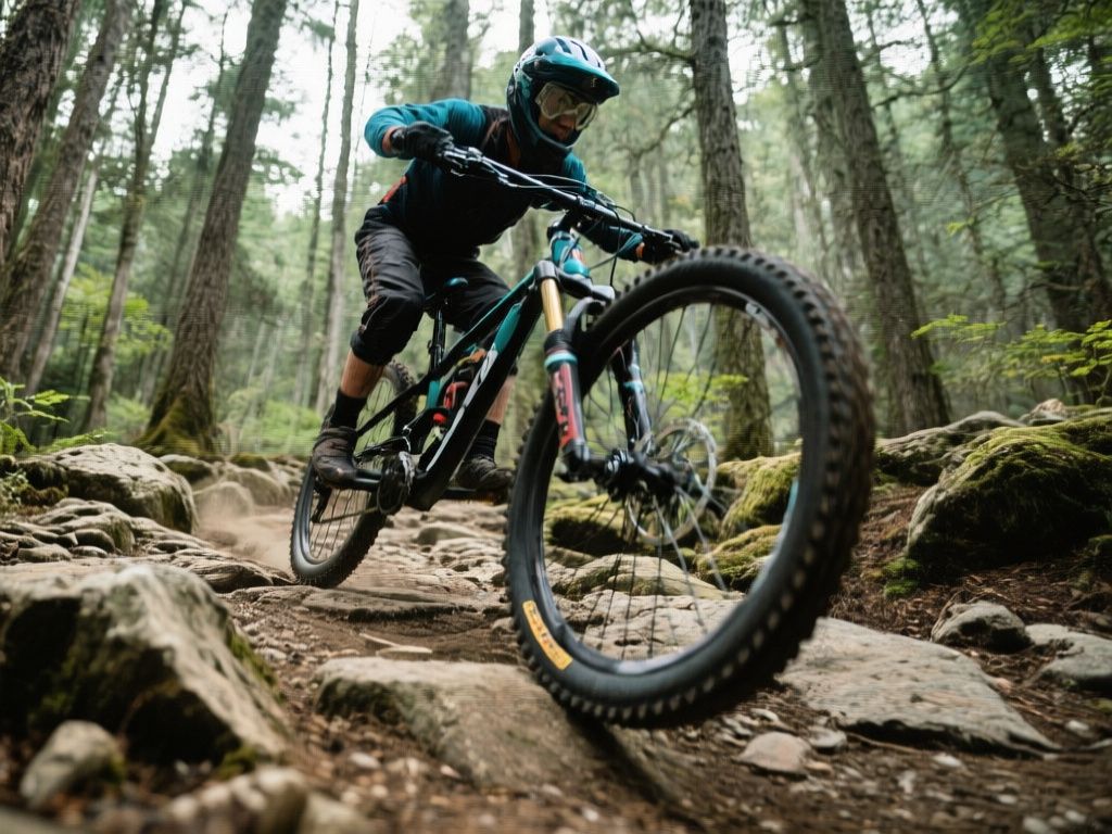 mountain biker riding over rocky forest trail with suspension visibly compressing