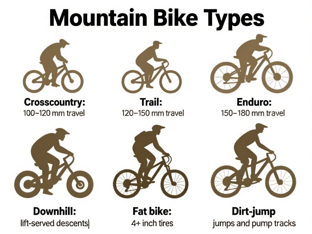clean labeled comparison infographic titled “Mountain Bike Types,” with six illustrated bike silhouettes and exact labels: “Cross-country: 100–120 mm travel,” “Trail: 120–150 mm travel,” “Enduro: 150–180 mm travel,” “Downhill: lift-served descents,” “Fat bike: 4+ inch tires,” and “Dirt-jump: jumps and pump tracks”; white background, readable bold sans-serif text, simple earthy color palette