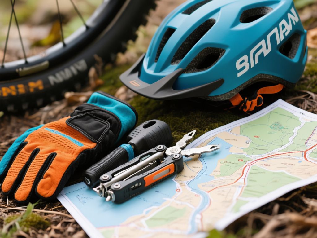 close-up of mountain bike helmet gloves multitool and repair kit beside trail map