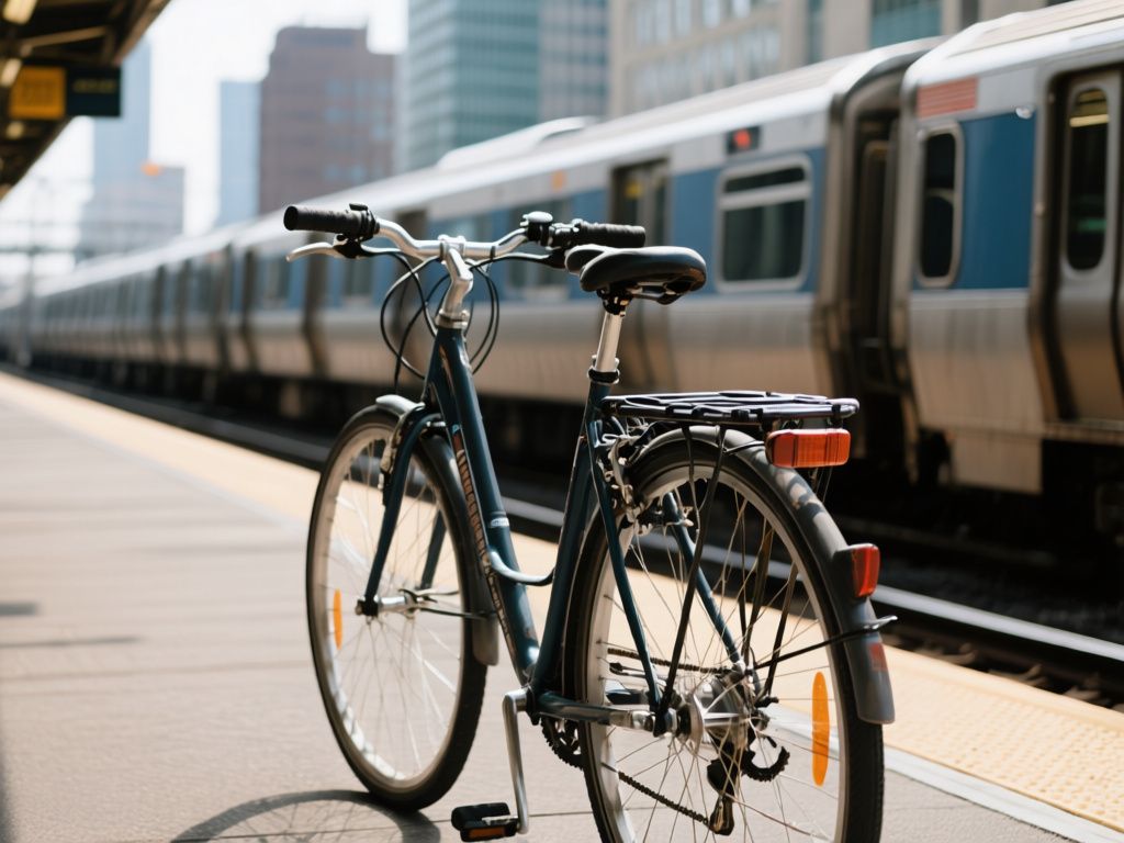 commuter bicycle parked beside a city train station with rear rack and fenders