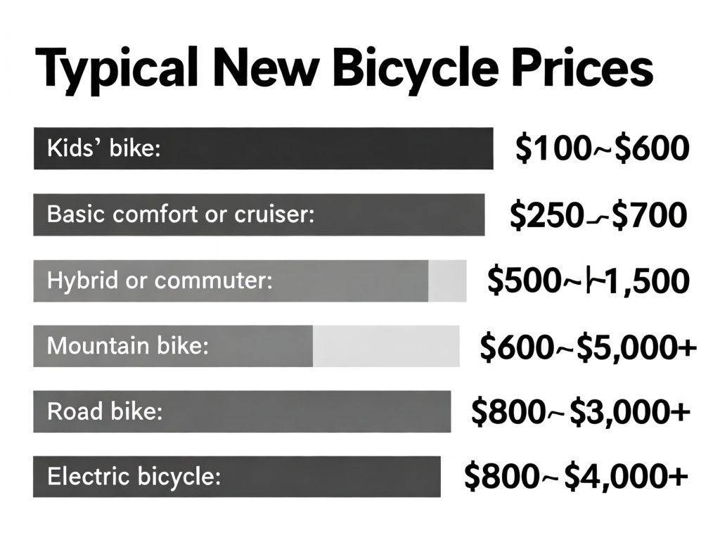 clean comparison infographic titled “Typical New Bicycle Prices,” with six horizontal bars labeled “Kids’ bike: $100–$600,” “Basic comfort or cruiser: $250–$700,” “Hybrid or commuter: $500–$1,500,” “Mountain bike: $600–$5,000+,” “Road bike: $800–$3,000+,” and “Electric bicycle: $800–$4,000+,” white background, clear dollar signs, bold sans-serif text, no extra labels