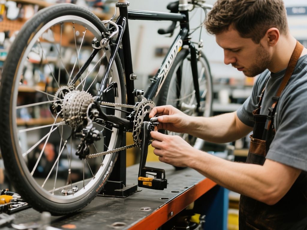 bicycle shop mechanic adjusting gears on a commuter bike at a repair stand
