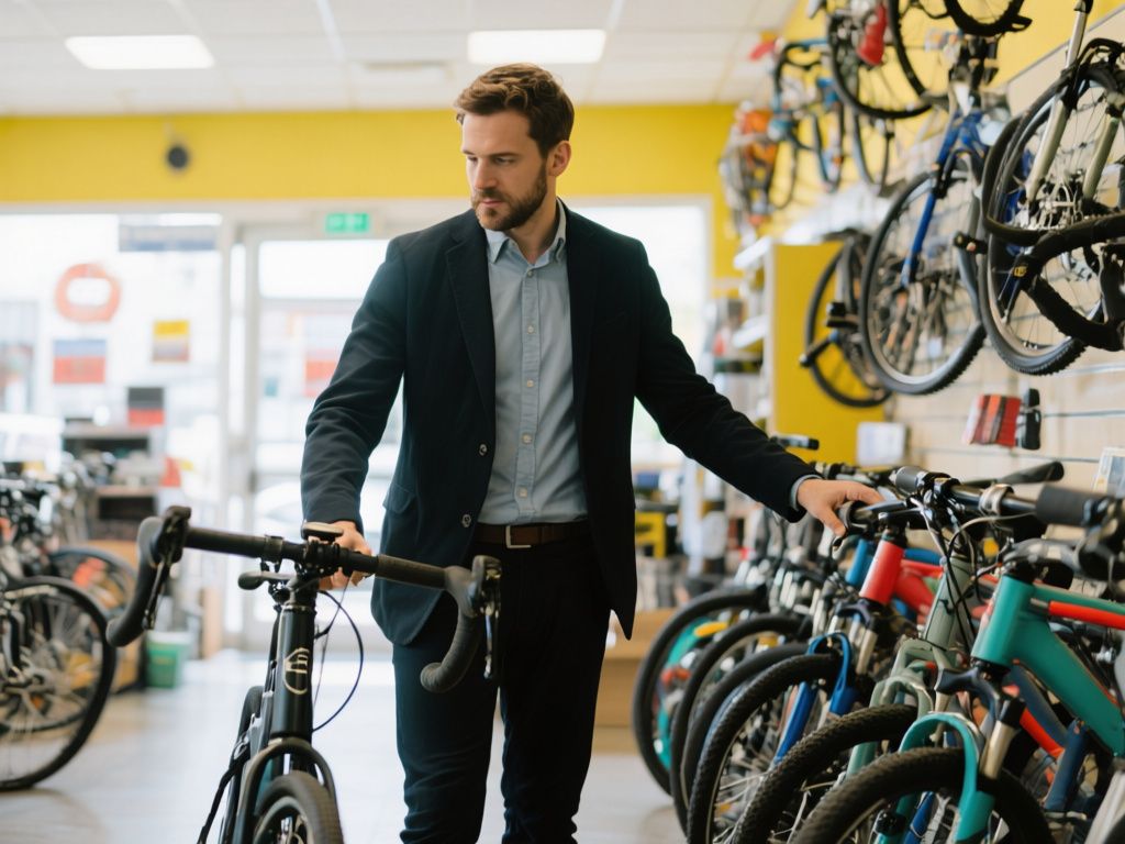 commuter choosing a hybrid bicycle inside a bright local bike shop