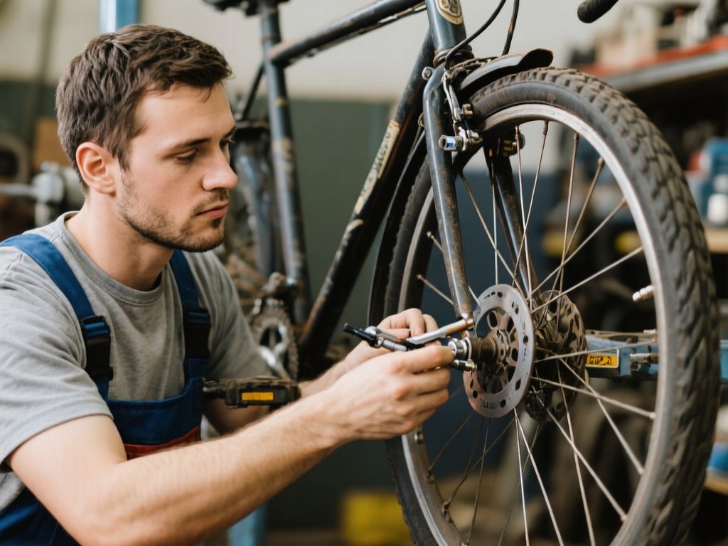 mechanic inspecting brake cables and wheel alignment on a used bicycle
