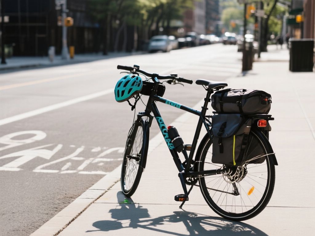 commuter e-bike parked beside a city bike lane with helmet and panniers