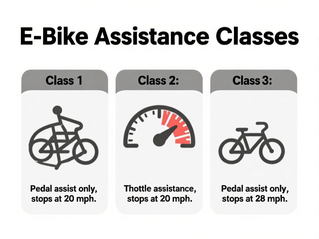 clean flat-style infographic titled “E-Bike Assistance Classes,” with three side-by-side panels labeled “Class 1: Pedal assist only, stops at 20 mph,” “Class 2: Throttle assistance, stops at 20 mph,” and “Class 3: Pedal assist only, stops at 28 mph”; include simple bicycle and speedometer icons, white background, bold sans-serif text, accurate spelling