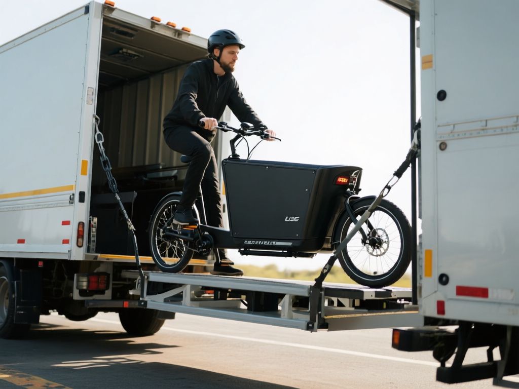 rider loading a heavy electric cargo bike onto a sturdy vehicle rack