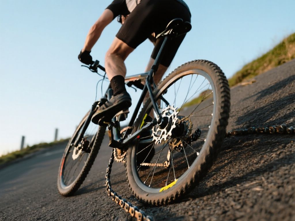 cyclist climbing a steep paved hill with chain on large rear sprocket