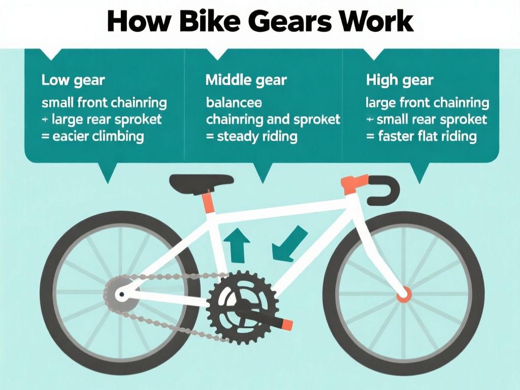 clean flat-style infographic titled “How Bike Gears Work,” showing three labeled stages with exact text: “Low gear: small front chainring + large rear sprocket = easier climbing,” “Middle gear: balanced chainring and sprocket = steady riding,” and “High gear: large front chainring + small rear sprocket = faster flat riding”; include a bicycle drivetrain diagram with arrows from shifter to derailleur to chain