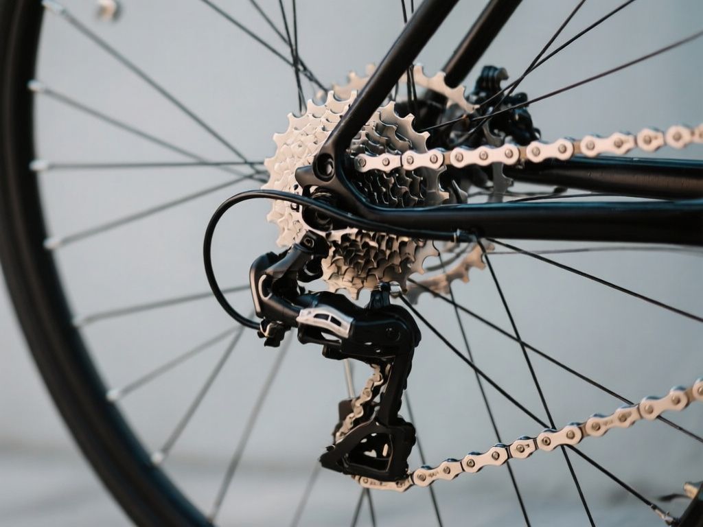 close-up bicycle drivetrain showing clean chain, cassette, and rear derailleur