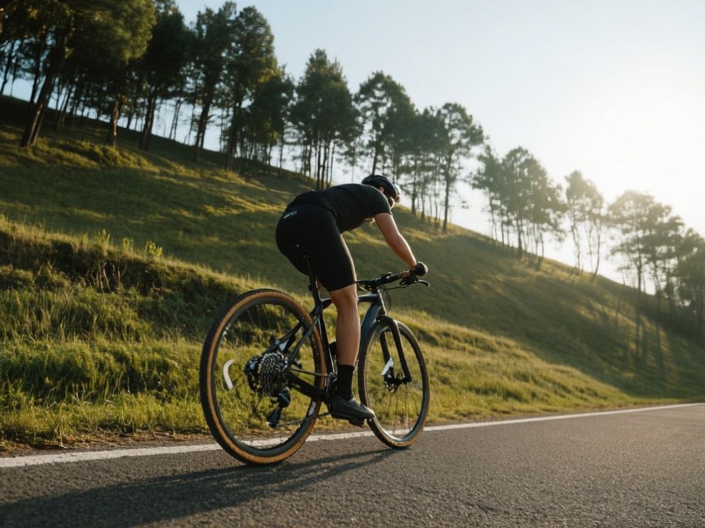 cyclist shifting gears before climbing a tree-lined hill