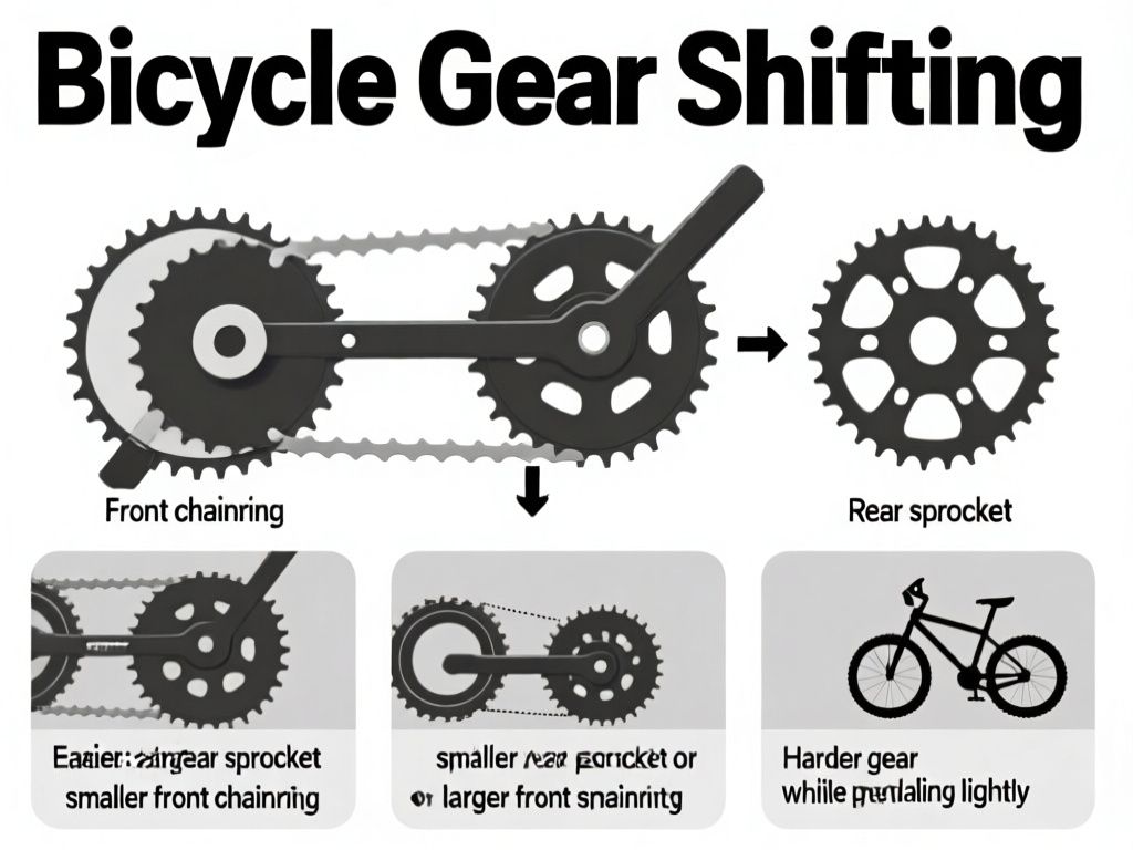 clean instructional infographic titled “Bicycle Gear Shifting,” showing a bicycle drivetrain with labels “Front chainring” and “Rear sprocket,” plus three panels labeled “Easier gear: larger rear sprocket or smaller front chainring,” “Harder gear: smaller rear sprocket or larger front chainring,” and “Shift while pedaling lightly”; use clear arrows, accurate bicycle components, white background, bold sans-serif text