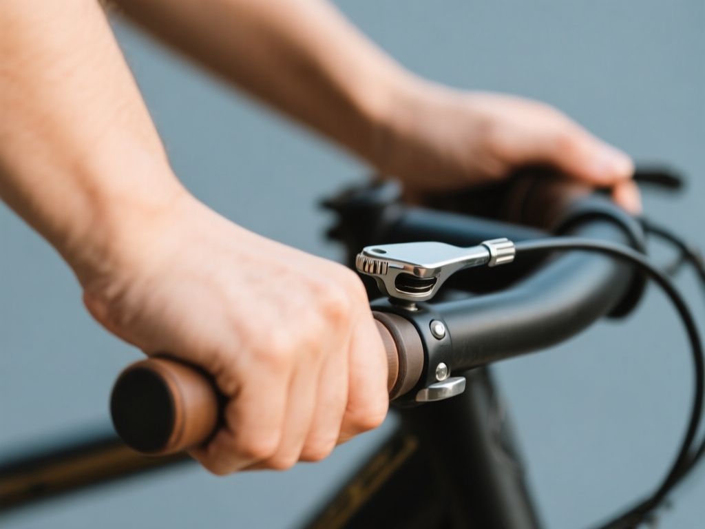 close-up of hands using bicycle trigger shifters on flat handlebars