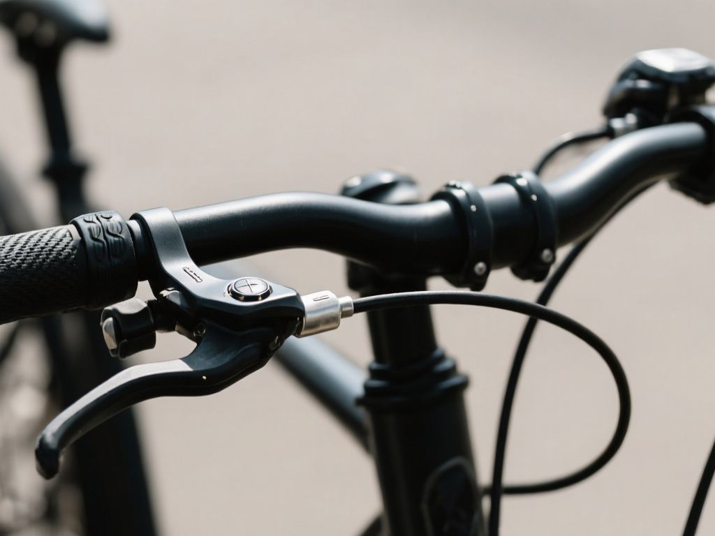 close-up bicycle handlebars showing left and right gear shifters