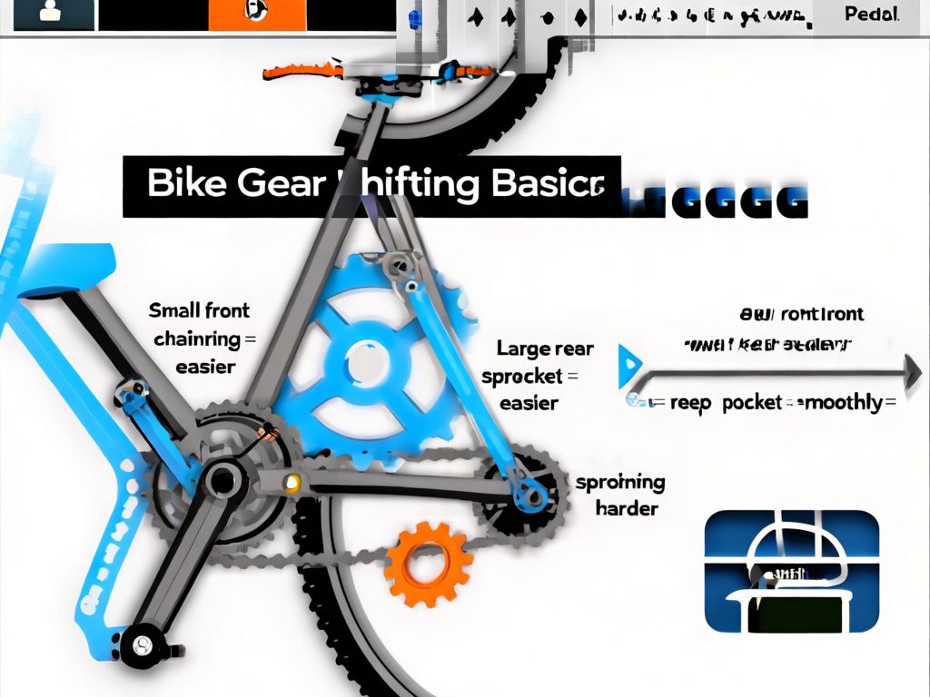 clean instructional infographic titled “Bike Gear Shifting Basics,” showing a bicycle drivetrain with labels “Small front chainring = easier,” “Large rear sprocket = easier,” “Large front chainring = harder,” and “Small rear sprocket = harder”; include a three-step arrow sequence labeled “Pedal gently,” “Shift,” and “Keep pedaling smoothly,” with clear black text on a white background and blue and orange gear illustrations